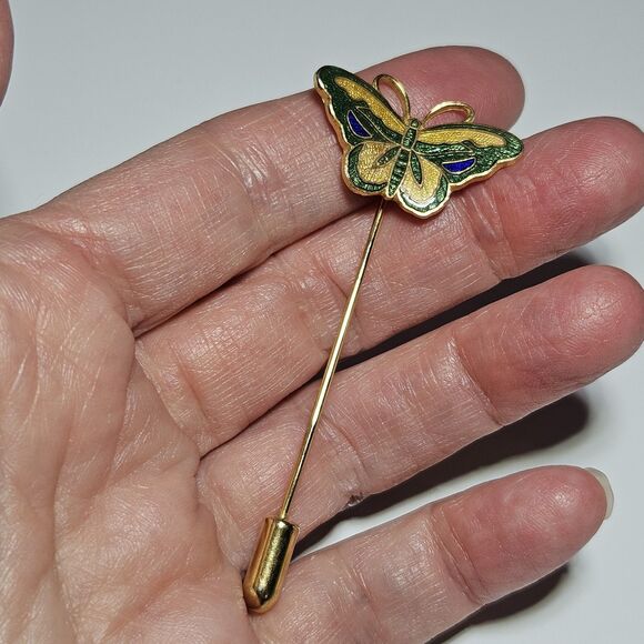 Gold Tone Yellow Green Cloisonne Butterfly Stick Lapel Hat Pin - Picture 3 of 11